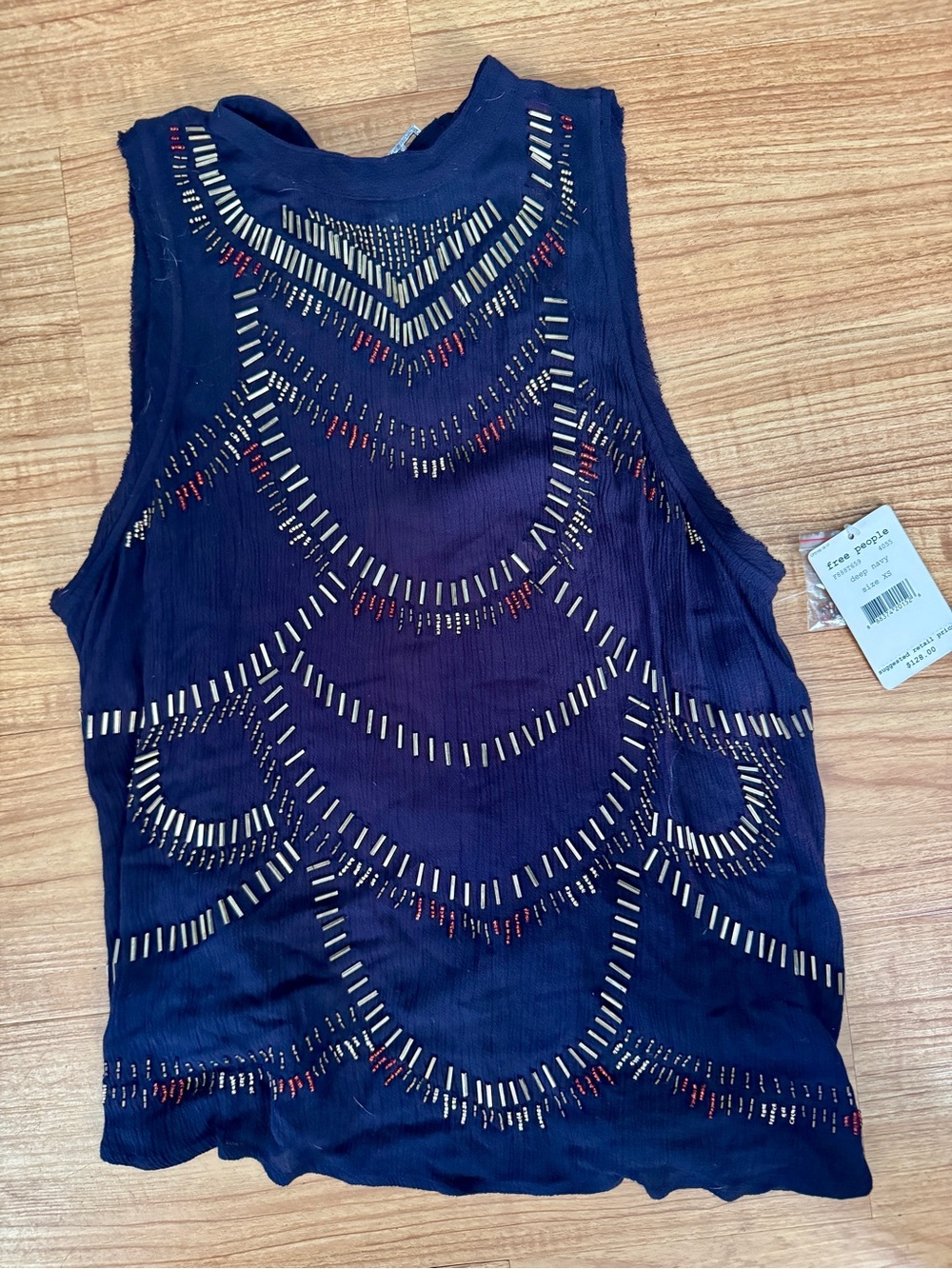 Free People Beaded Embellished Navy Sleeveless Tunic Top XS NWT $128 Boho
